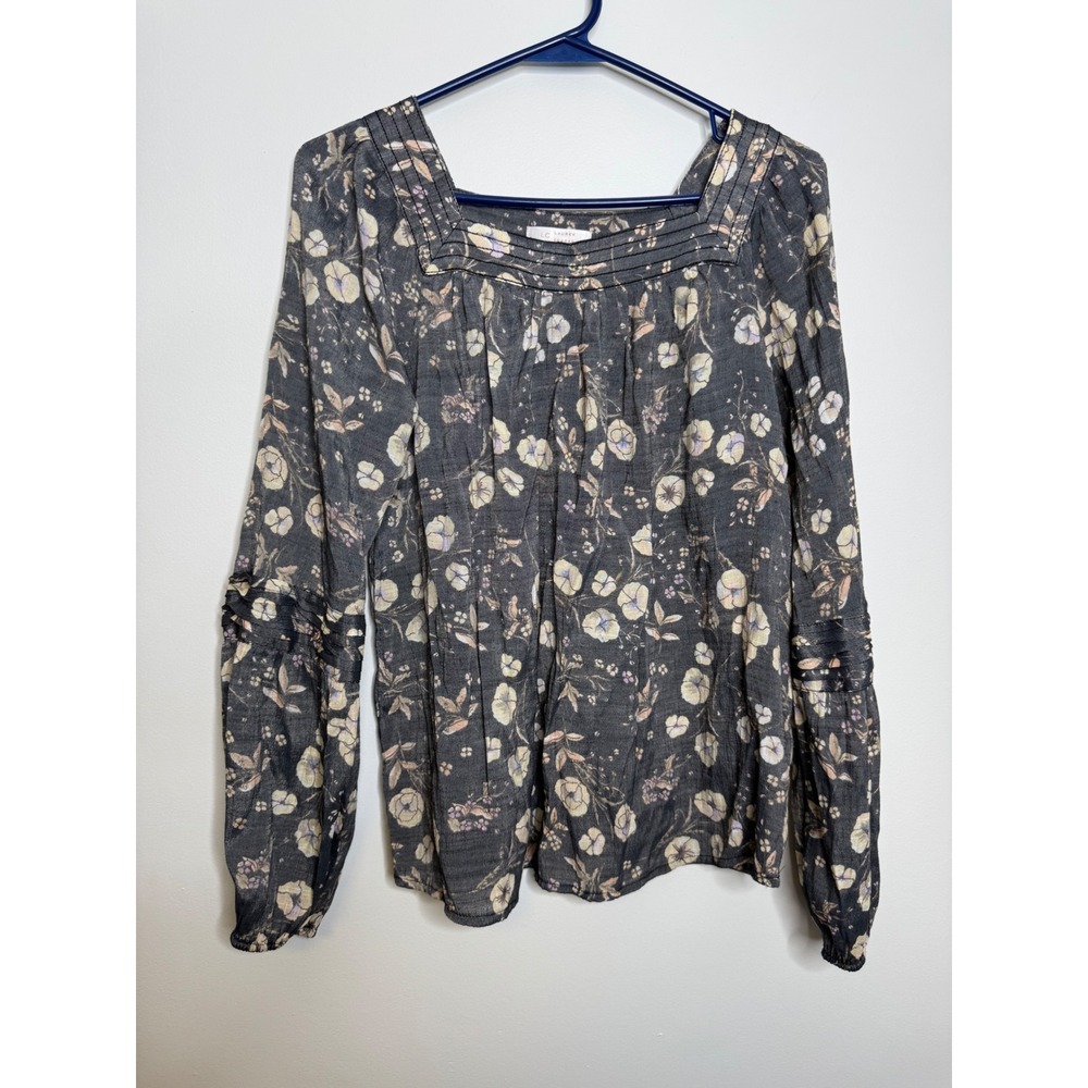 LC Lauren Conrad Blouse Womens XS Grey Excellent Floral Pintuck Square Neck Top